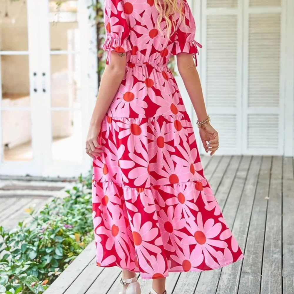 BTFBM Women's XL Summer Boho Dress Tie Front Deep V Neck Cutout Floral Pink Red - Picture 3 of 9